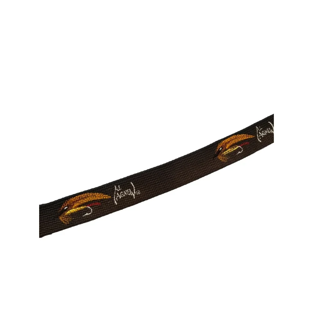 Al Agnew Mens Black Canvas Leather Fishing Fly Embroidered Belt Size 36 USA Made